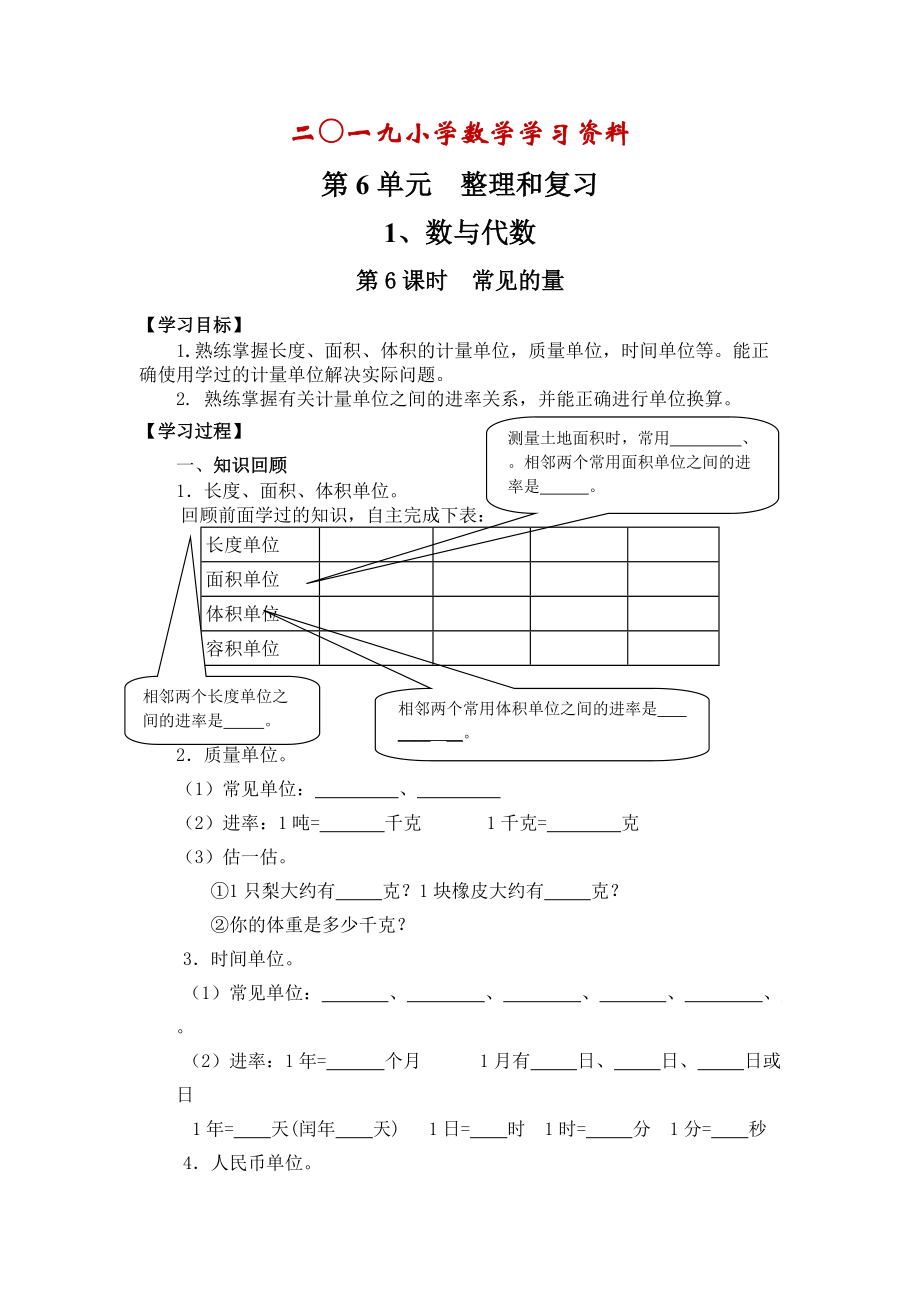 【人教版】六年级下册数学：第6单元 第6课时常见的量_第1页