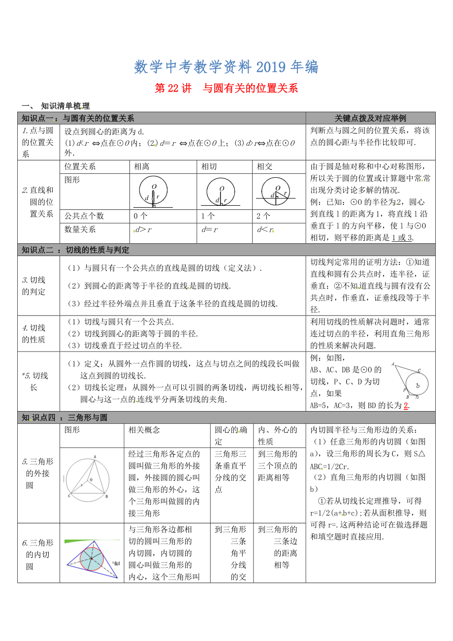 【冀教版】中考數學：知識清單梳理 第22講與圓有關的位置關系_第1頁