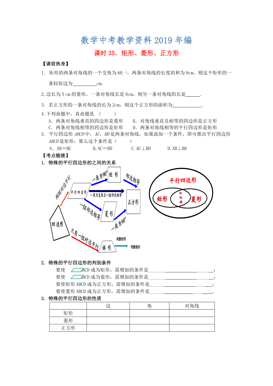 中考數(shù)學總復習【課時35】矩形、菱形、正方形熱身專題訓練_第1頁