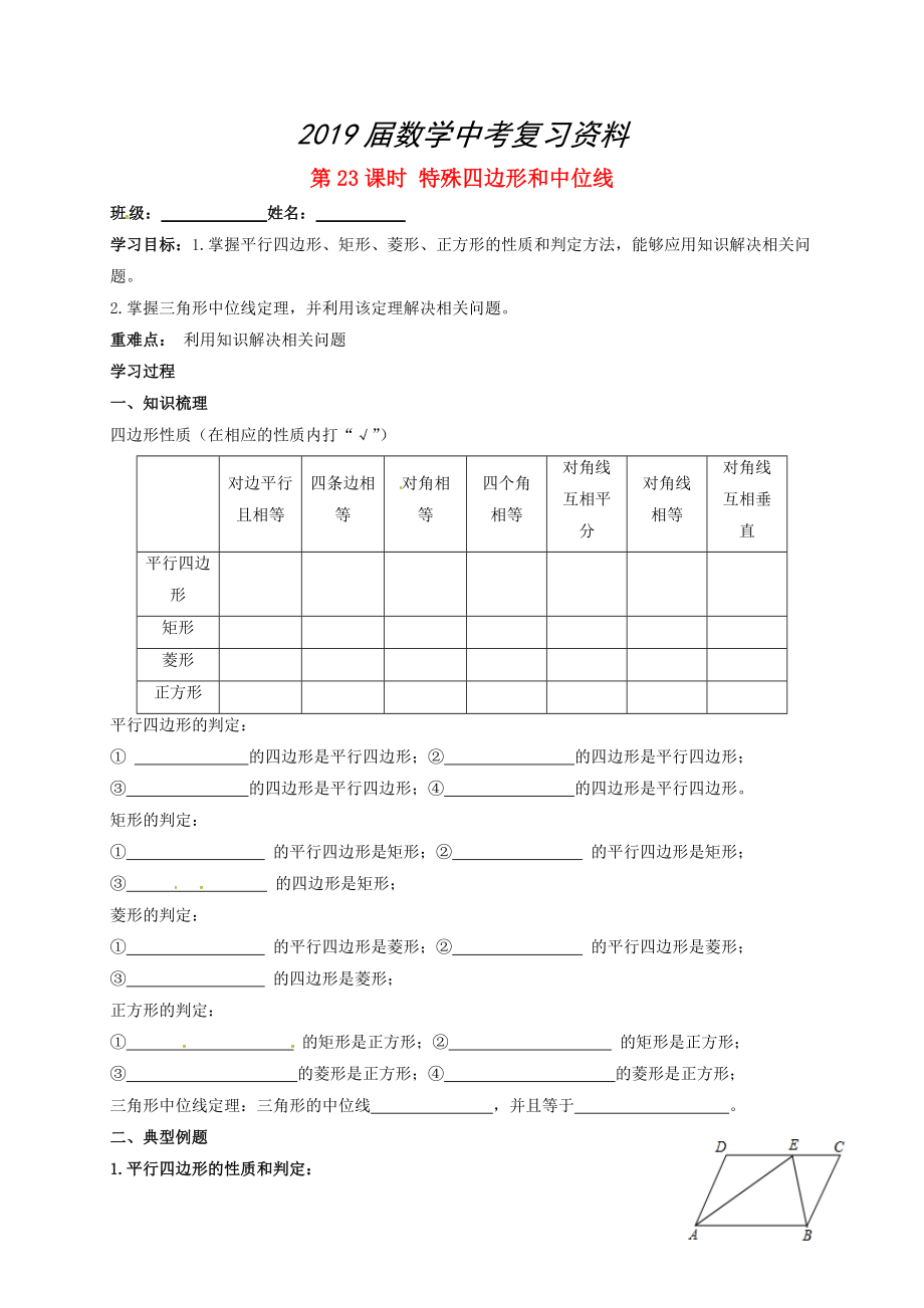 江蘇省揚(yáng)州市高郵市車邏鎮(zhèn) 中考數(shù)學(xué)一輪復(fù)習(xí)第23課時特殊四邊形和中位線導(dǎo)學(xué)案_第1頁