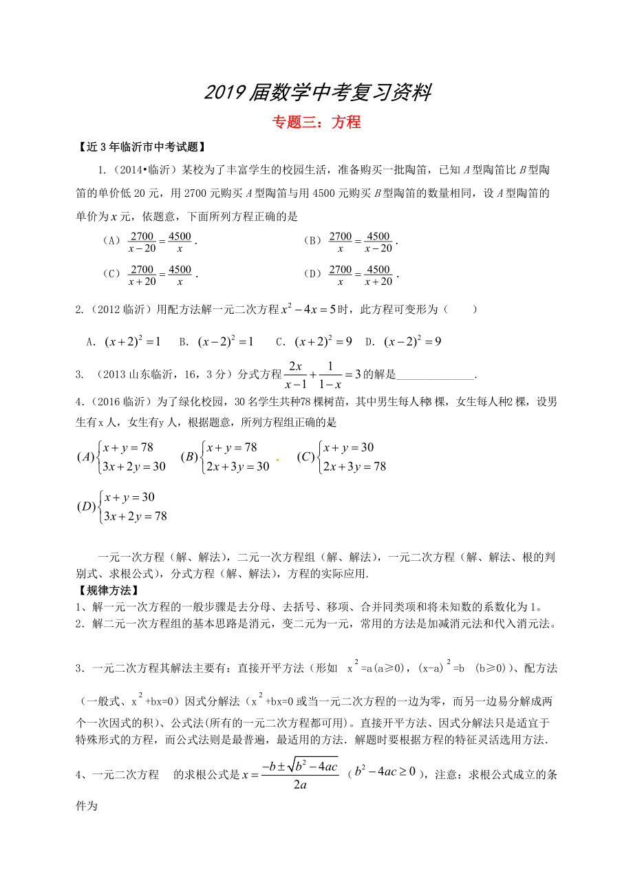 山東省臨沂市中考數(shù)學二輪專題復習 專題3 方程_第1頁