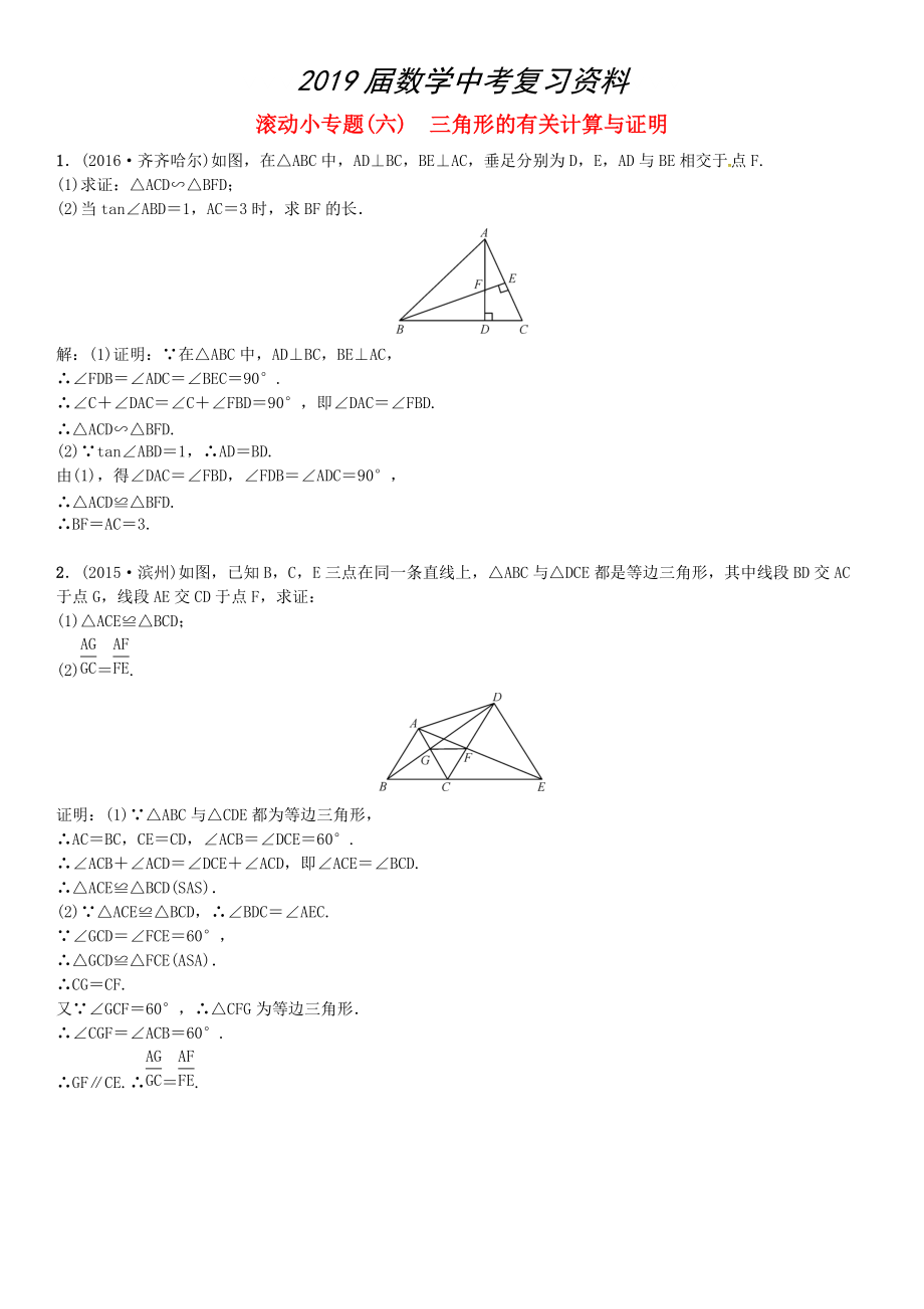 河北中考数学复习专题六三角形的有关计算与证明试题._第1页
