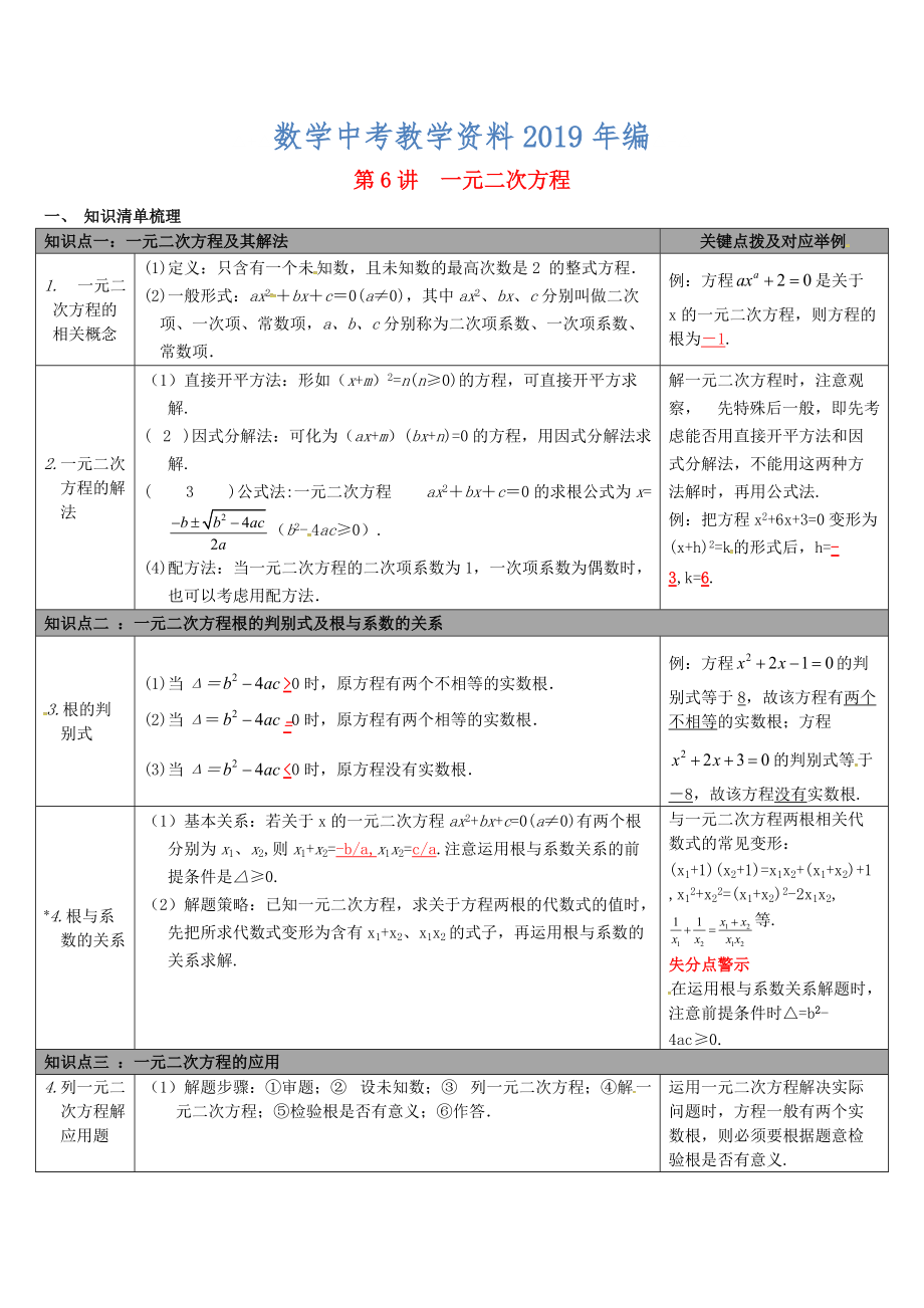 【冀教版】中考數(shù)學(xué)：知識(shí)清單梳理 第6講一元二次方程_第1頁(yè)