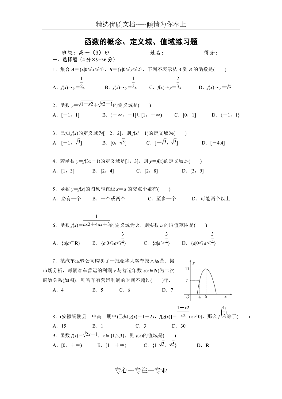 《高一數(shù)學(xué)必修1》函數(shù)的概念、定義域、值域練習(xí)題(共4頁)_第1頁