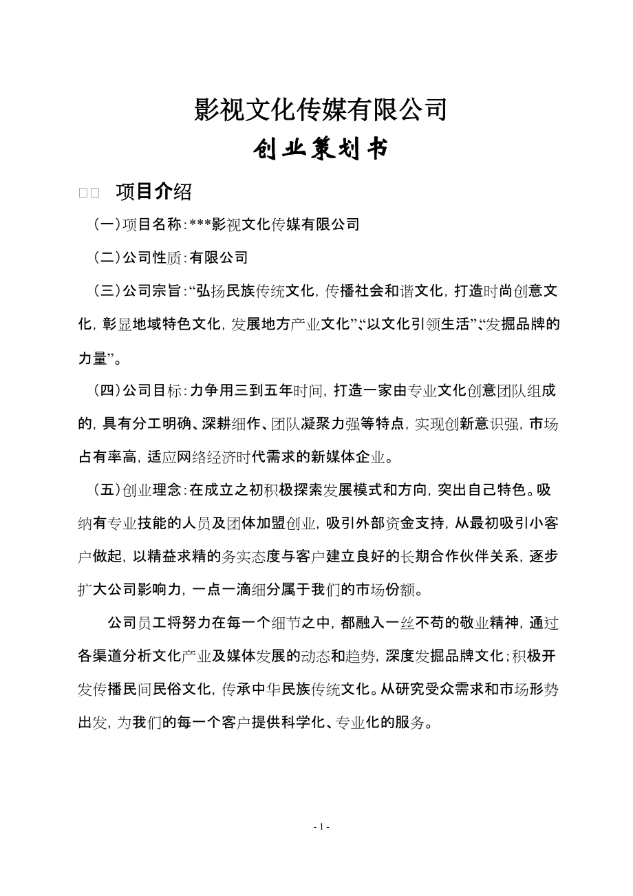 影視文化傳媒有限公司創業策劃書