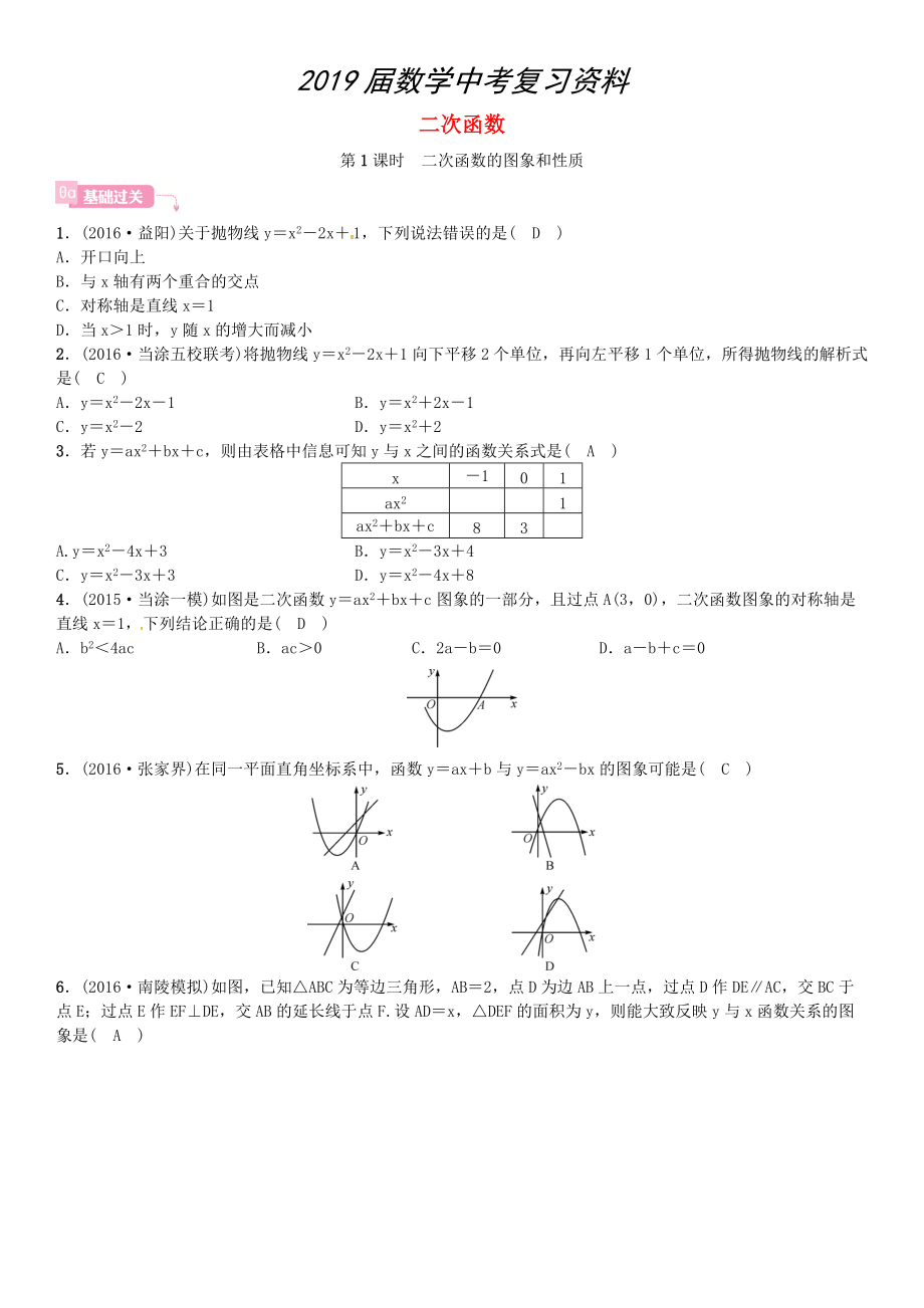 安徽省中考数学总复习 第一轮 考点系统复习 第三单元 函数 第12讲 二次函数 第1课时 二次函数的图象和性质试题_第1页