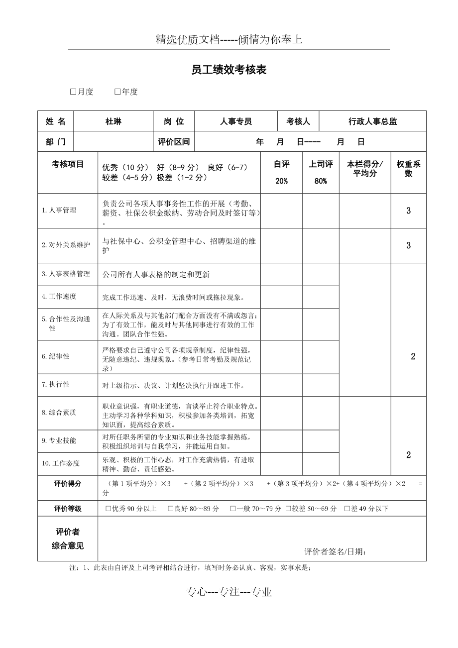 人事专员绩效考核表(共2页)_第1页