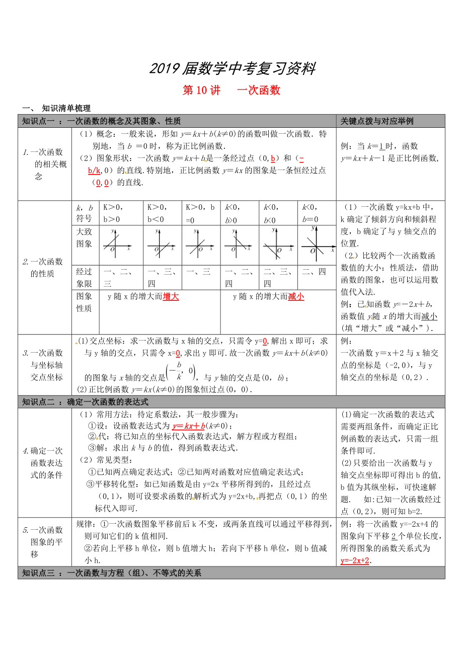 【冀教版】中考數(shù)學(xué)：知識(shí)清單梳理 第10講 一次函數(shù)_第1頁(yè)