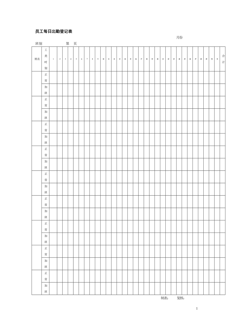 员工考勤套表（每日记录日报表签到表统计表）_第1页