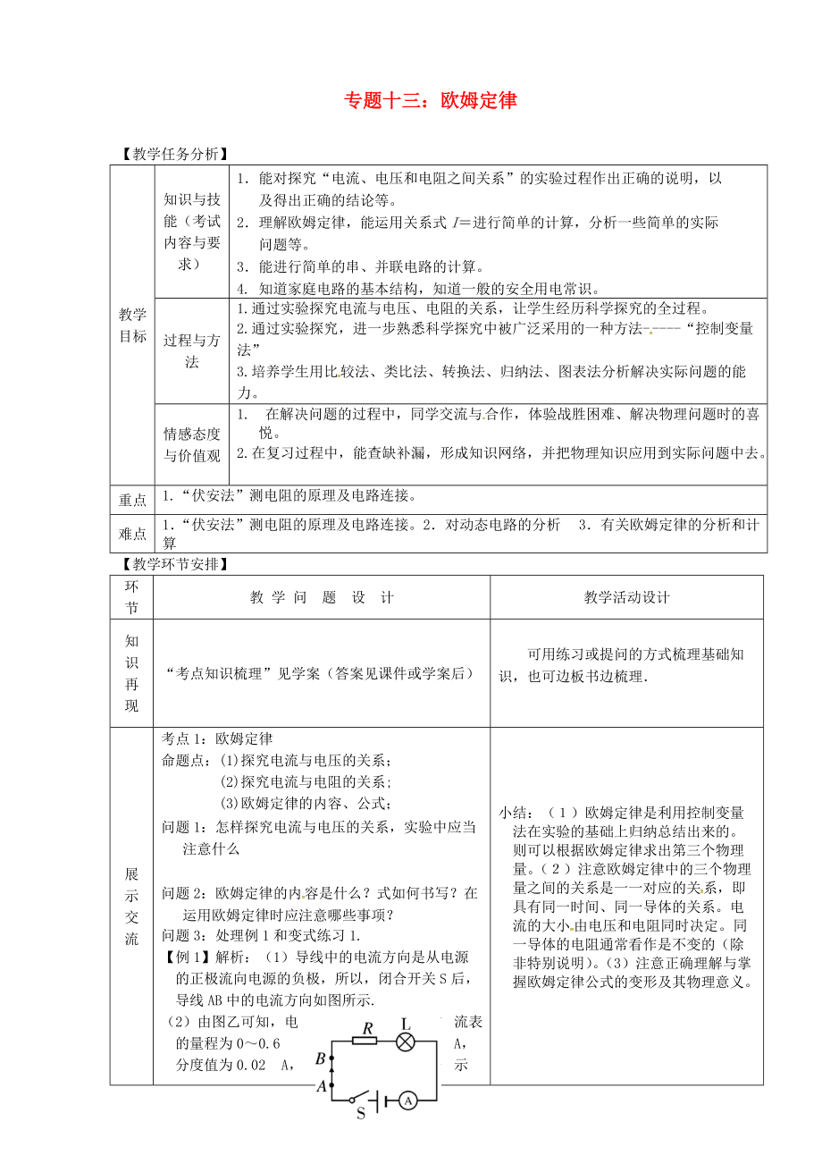 山東省郯城縣中考物理 專題十三 歐姆定律復(fù)習(xí)教案_第1頁(yè)