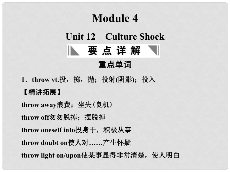 高考英語(yǔ)一輪復(fù)習(xí) Unit 12 Culture Shock課件 北師大版_第1頁(yè)