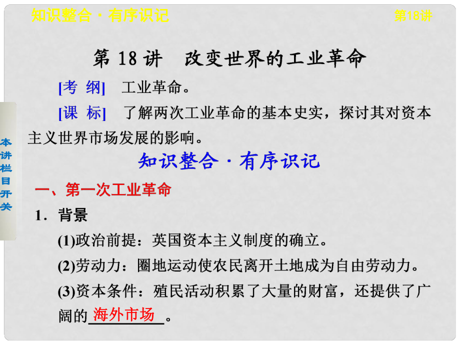 高考?xì)v史大一輪課件 第七單元第18講 改變世界的工業(yè)革命 新人教版必修2_第1頁(yè)