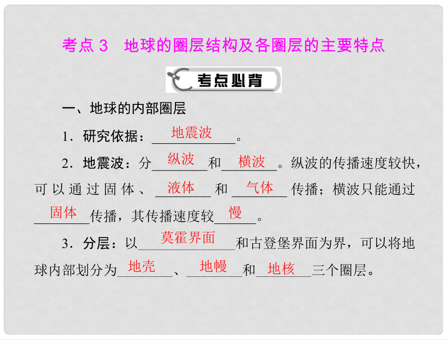 高考地理学业水平测试复习 专题一 考点3 地球的圈层结构及各圈层的主要特点课件 新人教版必修1_第1页