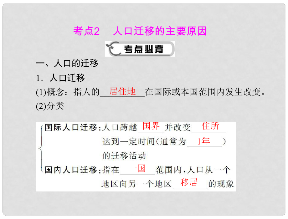 高考地理学业水平测试复习 专题五　考点2　人口迁移的主要原因课件 新人教版必修2_第1页