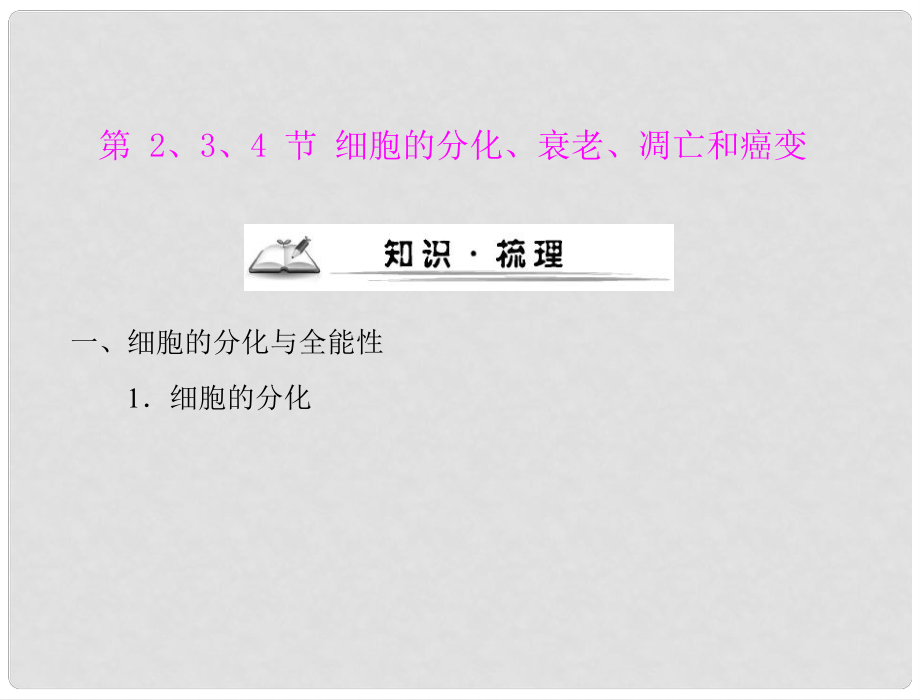 高考生物一輪復(fù)習(xí) 第六章 細(xì)胞的生命歷程 第2、3、4節(jié) 細(xì)胞的分化、衰老、凋亡和癌變課件 新人教版必修1_第1頁(yè)