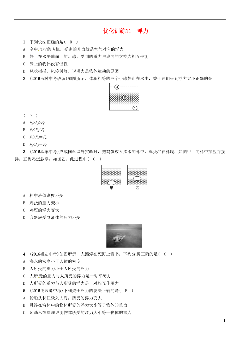 中考物理命題研究 第一編 教材知識(shí)梳理篇 第11講 浮力 優(yōu)化訓(xùn)練11 浮力試題1_第1頁(yè)