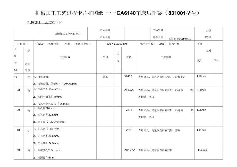 機械加工工藝過程卡片和圖紙——CA6140車床后托架(831001型號)_第1頁