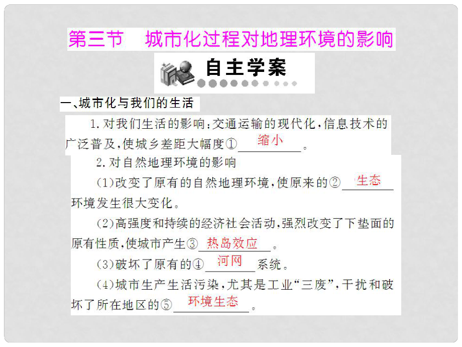 高中地理 第二章 第三節(jié) 城市化過程對地理環(huán)境的影響課件 湘教版必修2 新課標_第1頁