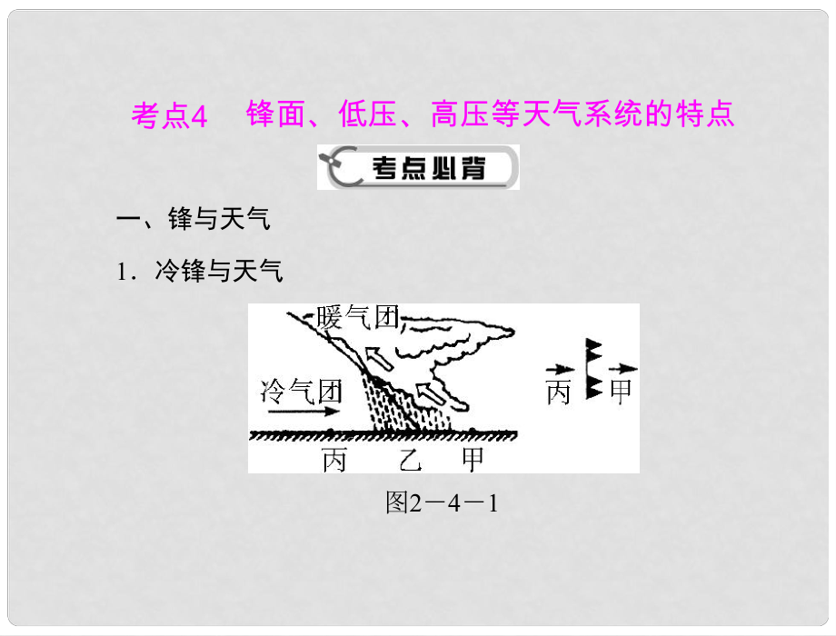 高考地理學(xué)業(yè)水平測試復(fù)習(xí) 專題二 考點(diǎn)4 鋒面、低壓、高壓等天氣系統(tǒng)的特點(diǎn)課件 新人教版必修1_第1頁