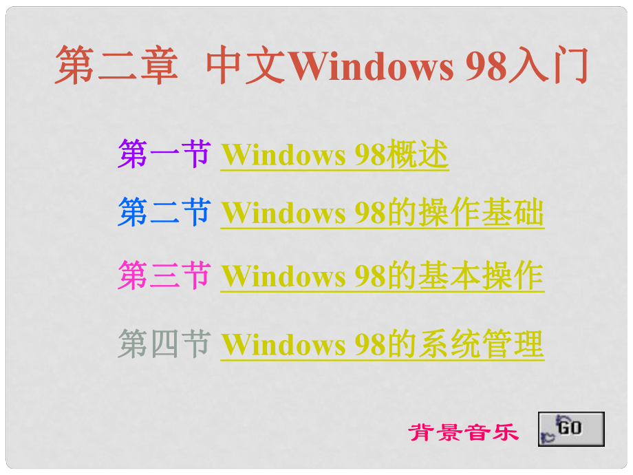 七年級信息技術(shù)上冊 第一、二節(jié) 中文Windows 98入門課件_第1頁