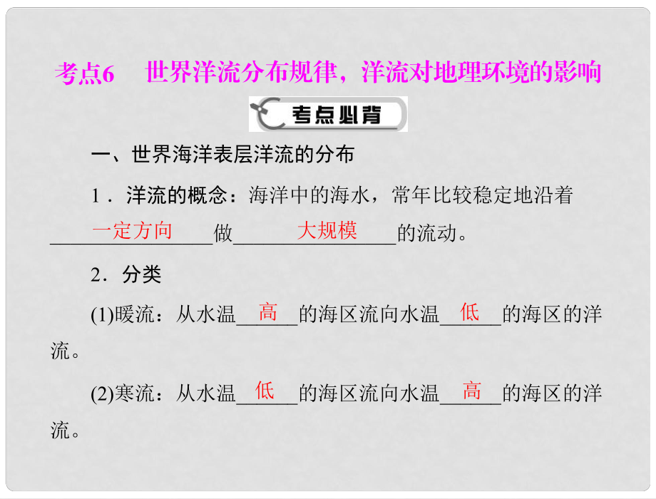 高考地理学业水平测试复习 专题二 考点6 世界洋流分布规律洋流对地理环境的影响课件 新人教版必修1_第1页