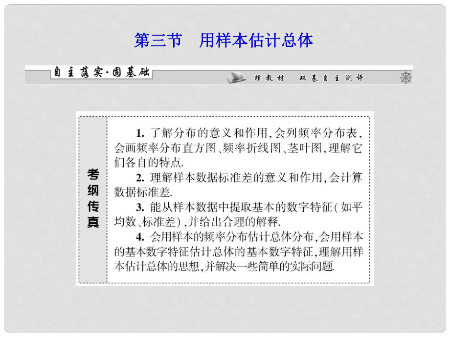 高考數(shù)學一輪復習 第九章第三節(jié) 用樣本估計總體課件 理 （廣東專用）_第1頁