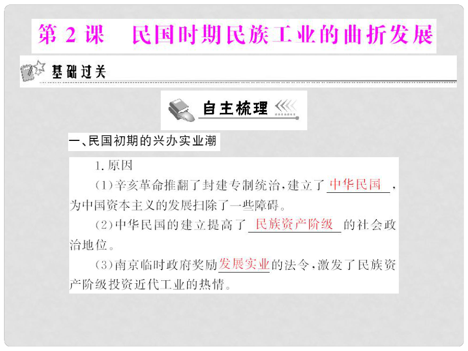 高中歷史 專題二 第2課 民國時期民族工業(yè)的曲折發(fā)展課件 人民版必修2_第1頁