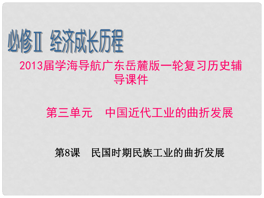 廣東省高考?xì)v史一輪復(fù)習(xí)輔導(dǎo) 第三單元 中國近代工業(yè)的曲折發(fā)展第8課 民國時(shí)期民族工業(yè)的曲折發(fā)展課件 岳麓版必修2_第1頁