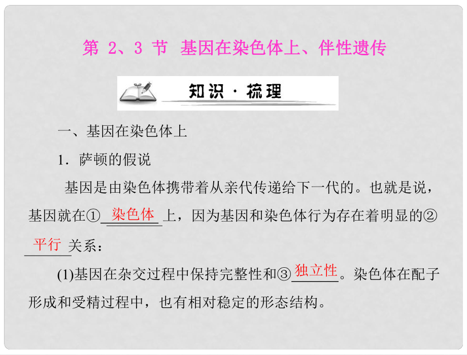 高考生物一轮复习 第2章 第2、3节 基因在染色体上、伴性遗传课件 新人教版必修21_第1页