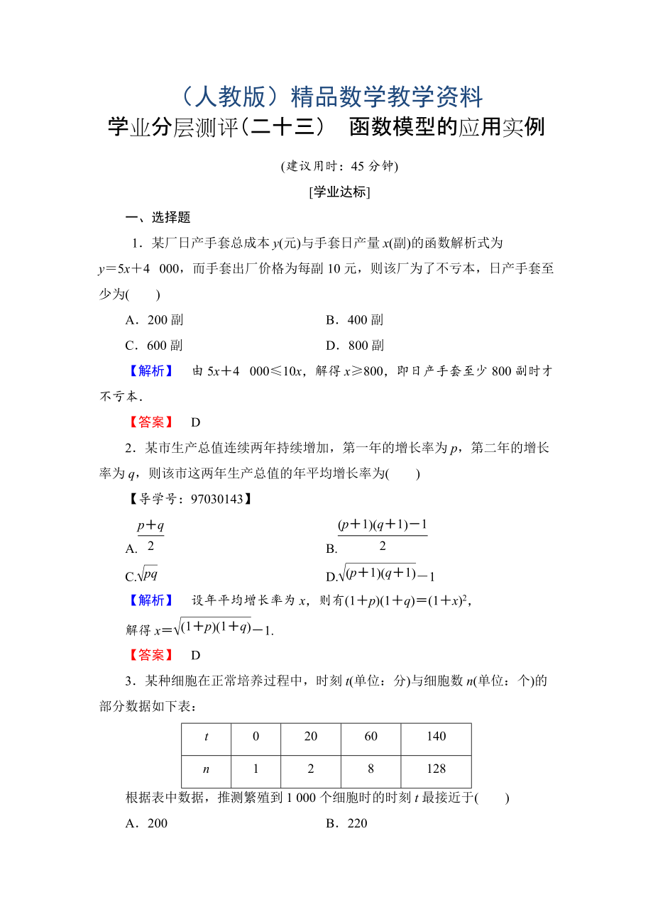 高一數(shù)學人教A版必修1學業(yè)分層測評23 函數(shù)模型的應(yīng)用實例 Word版含解析_第1頁