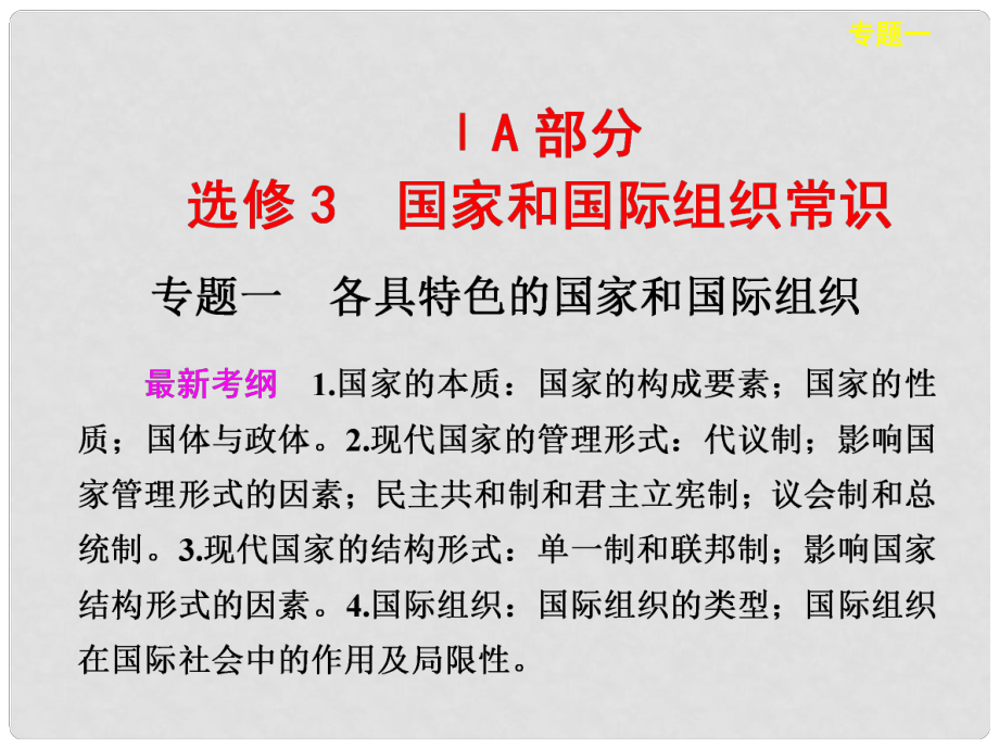 浙江省东阳市高中政治 专题1各具特色的国家和国际组织课件 新人教版选修3_第1页