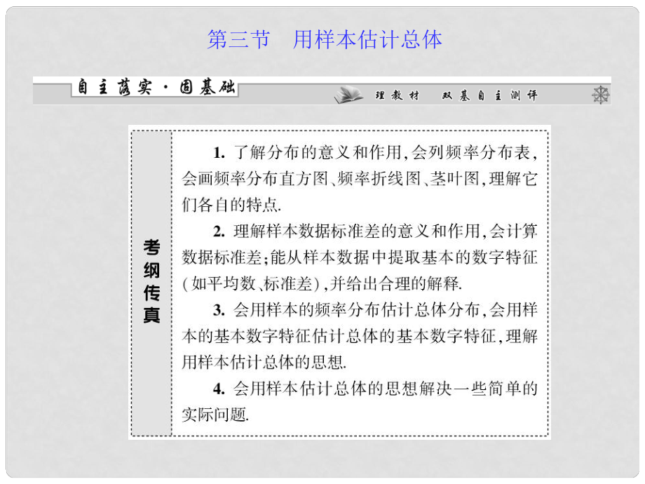 高考数学 第九章 第三节 用样本估计总体课件 文 新人教A版_第1页