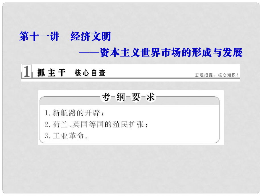 高考?xì)v史二輪復(fù)習(xí)（知識(shí)整合+思維拓展+深化提升）第十一講 經(jīng)濟(jì)文明 資本主義世界市場(chǎng)的形成與發(fā)展課件_第1頁