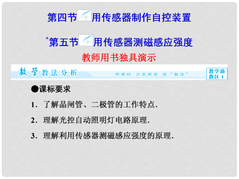 高中物理 第3章 第45節(jié) 用傳感器制作自控裝置 用傳感器測磁感應(yīng)強度同步備課課件 粵教版選修32_第1頁