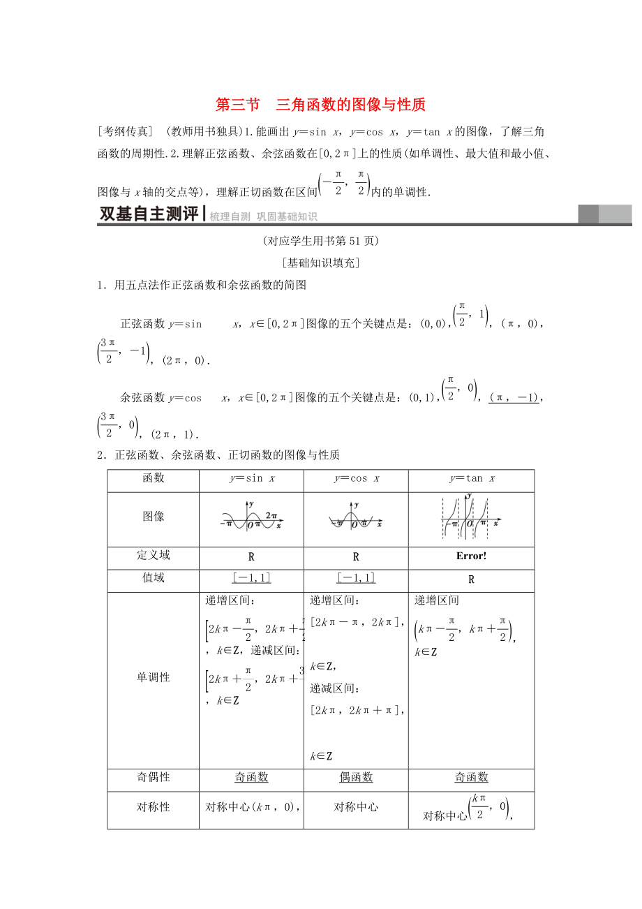 高考數(shù)學(xué) 一輪復(fù)習(xí)學(xué)案訓(xùn)練課件北師大版理科： 第3章 三角函數(shù)、解三角形 第3節(jié) 三角函數(shù)的圖像與性質(zhì)學(xué)案 理 北師大版_第1頁(yè)