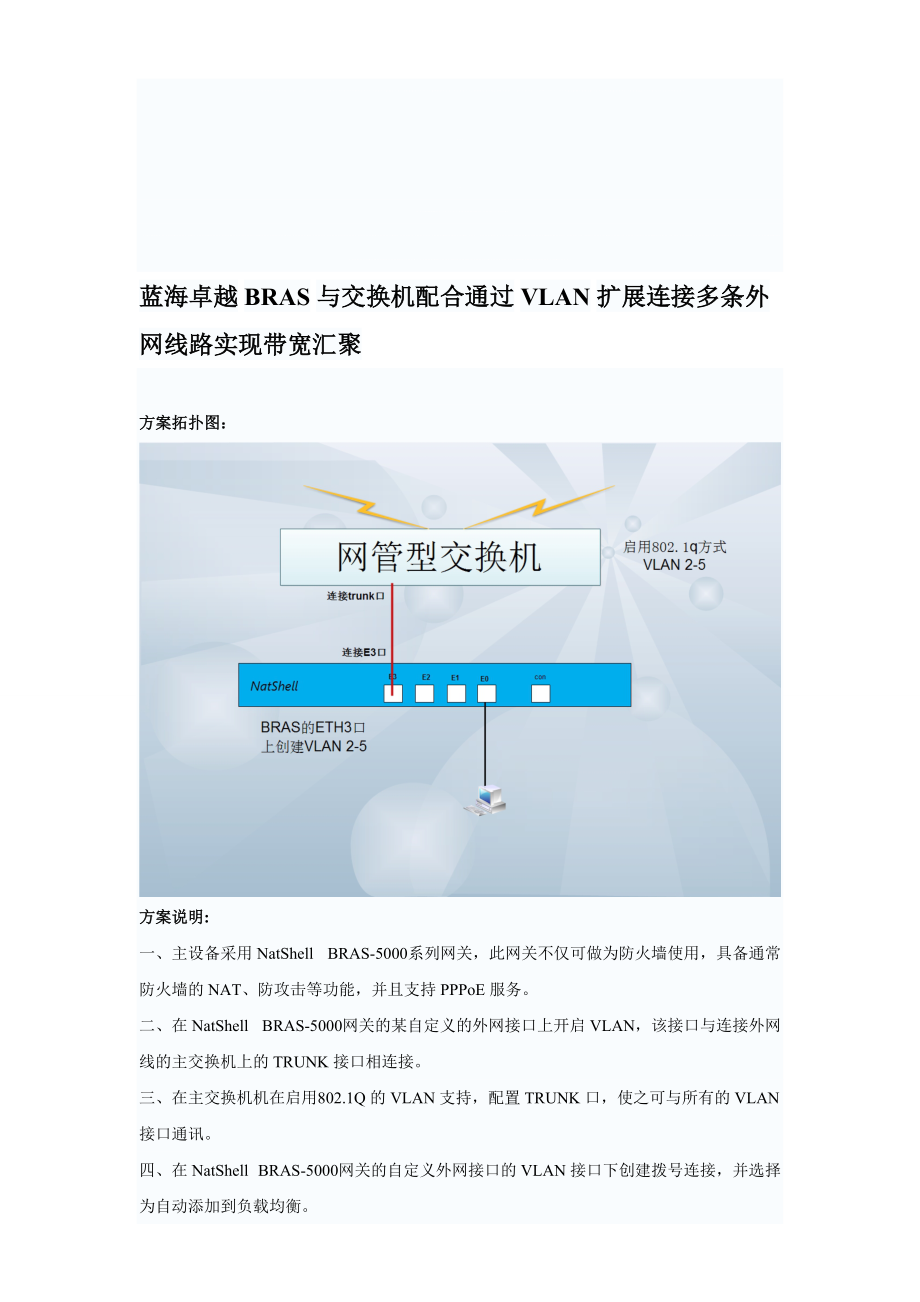 蓝海卓越BRAS与交换机配合通过VLAN扩展连接多条外网线路实现带宽汇聚_第1页