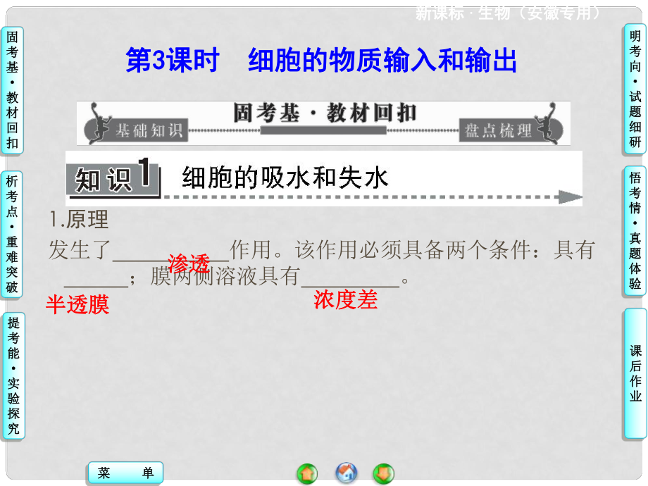 高考生物一轮复习 第3、4章 第3课时细胞的物质输入和输出课件 新人教版必修1_第1页