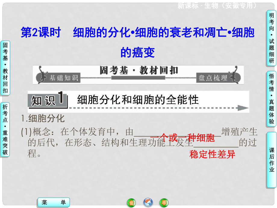 高考生物一輪復(fù)習(xí) 第6章 第2課時(shí)細(xì)胞的分化 細(xì)胞的衰老和凋亡 細(xì)胞的癌變課件 新人教版必修1_第1頁