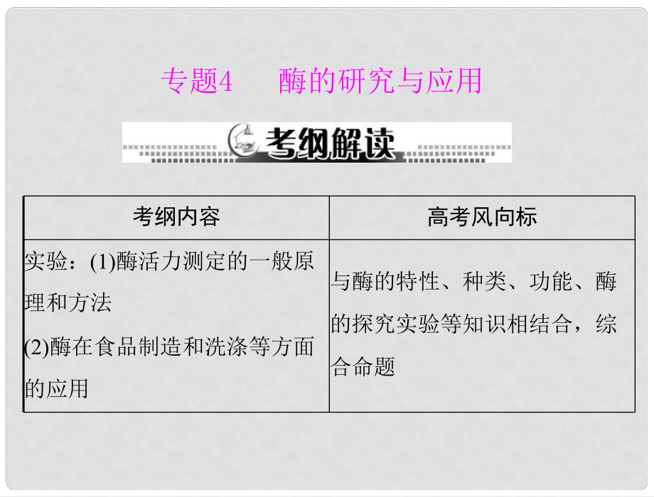 高考生物總復(fù)習(xí) 專題4 酶的研究與應(yīng)用課件 新人教版選修1_第1頁