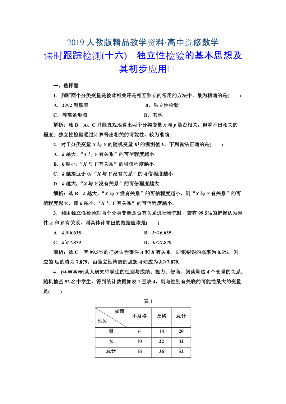 人教版 高中數(shù)學(xué)選修23 課時(shí)跟蹤檢測十六 獨(dú)立性檢驗(yàn)的基本思想及其初步應(yīng)用_第1頁