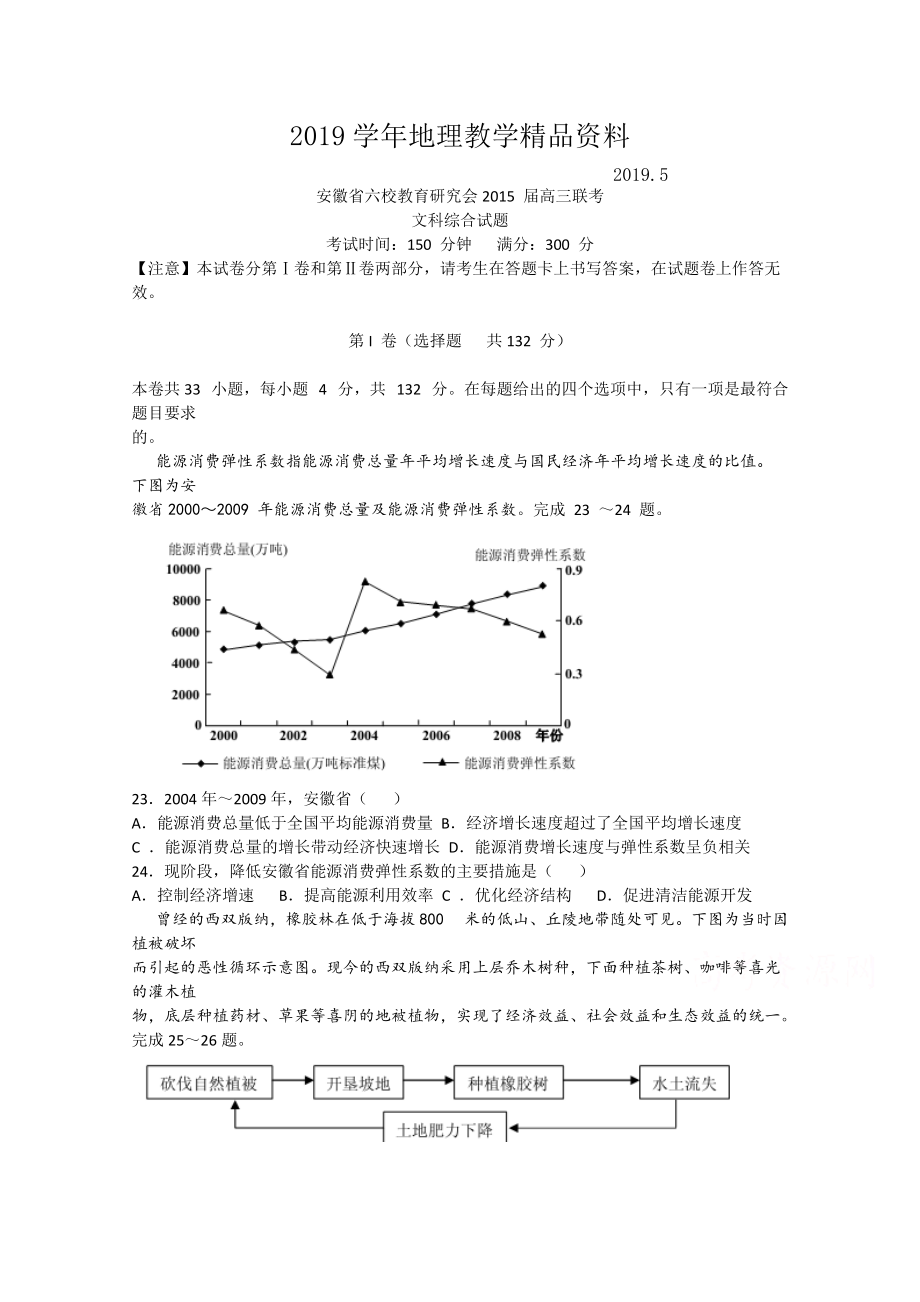 安徽省六校教育研究会高三第二次联考地理试题及答案_第1页