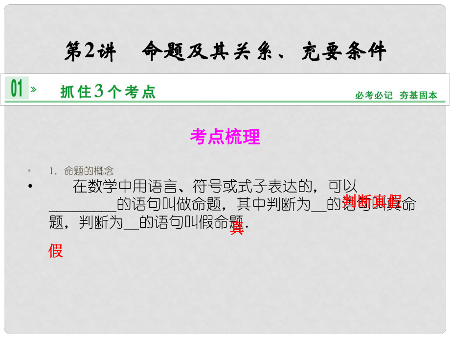 高考数学一轮复习 第一章 第2讲 命题及其关系、充要条件课件 理 苏教版_第1页