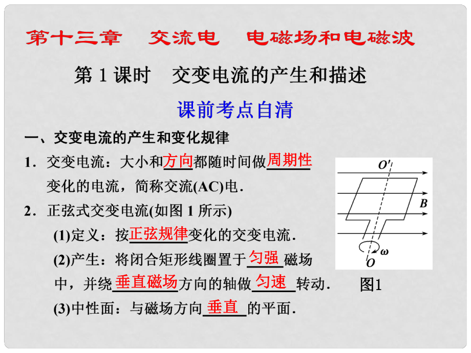 高中物理大一輪復(fù)習(xí) 第十三章 交流電 電磁場(chǎng)和電磁波 第1課時(shí) 交變電流的產(chǎn)生和描述講義課件 大綱人教版_第1頁(yè)