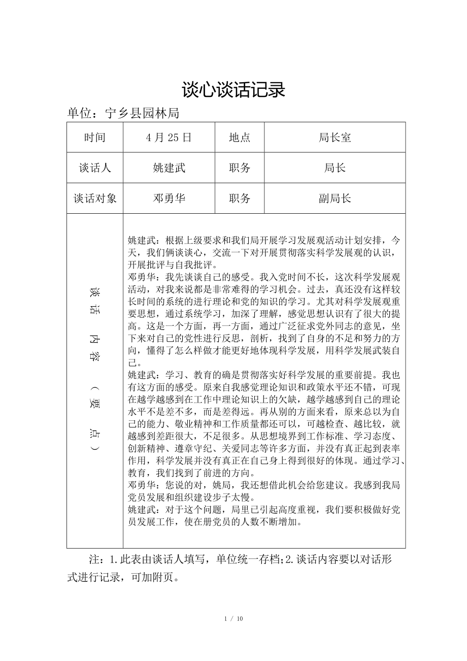 党员各种谈心谈话记录样本