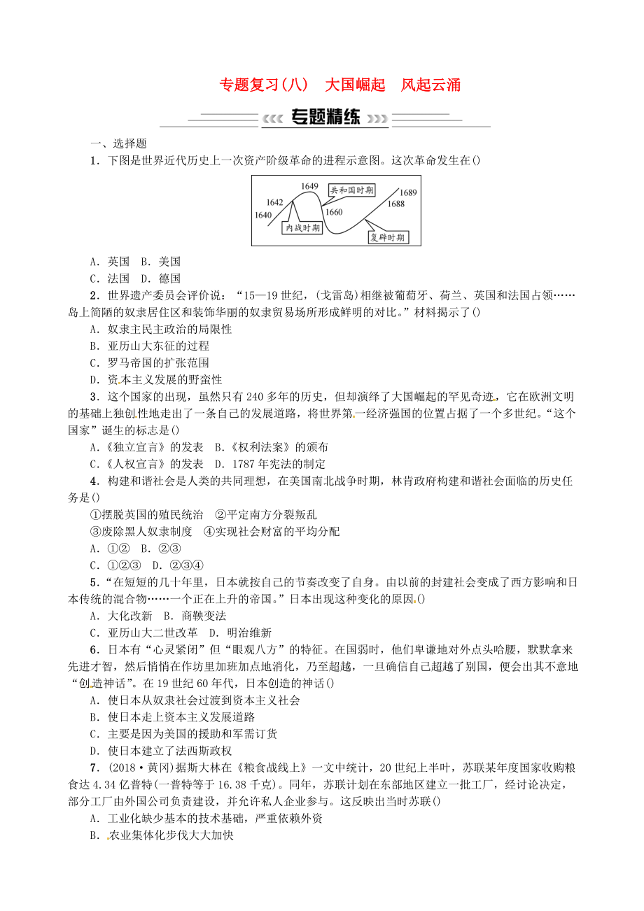 廣西中考?xì)v史總復(fù)習(xí) 專題復(fù)習(xí)八大國(guó)崛起 風(fēng)起云涌練習(xí) 新人教版_第1頁