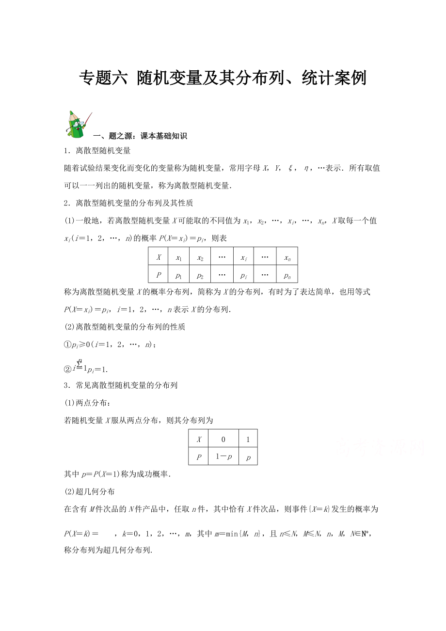 高中數(shù)學(xué) 課本典例改編之選修2－1、2－2、2－3：專題六 隨機(jī)變量及其分布列、統(tǒng)計(jì)案例 Word版含解析_第1頁(yè)