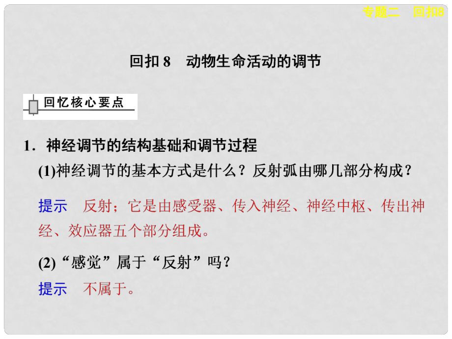 高考生物二輪復(fù)習(xí) 考前三個月 專題二 回扣8 動物生命活動的調(diào)節(jié)課件_第1頁