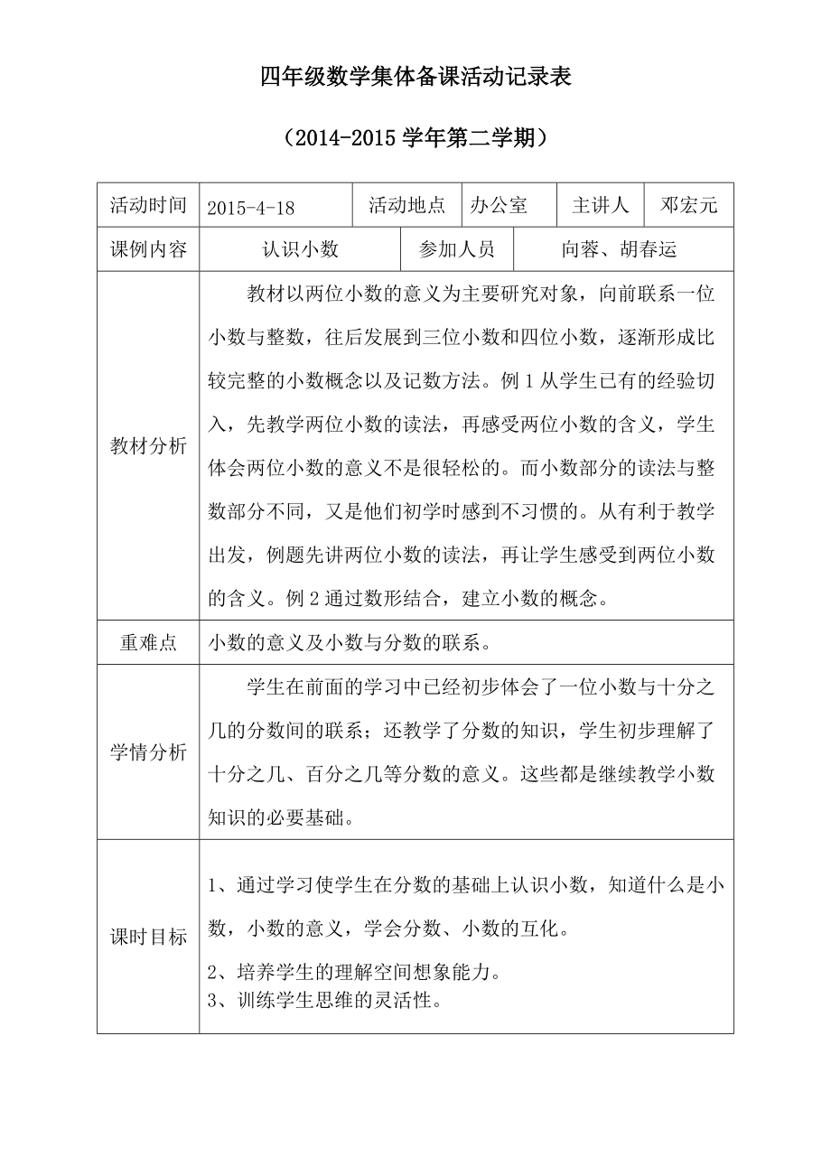 四年级数学集体备课活动记录表_第1页