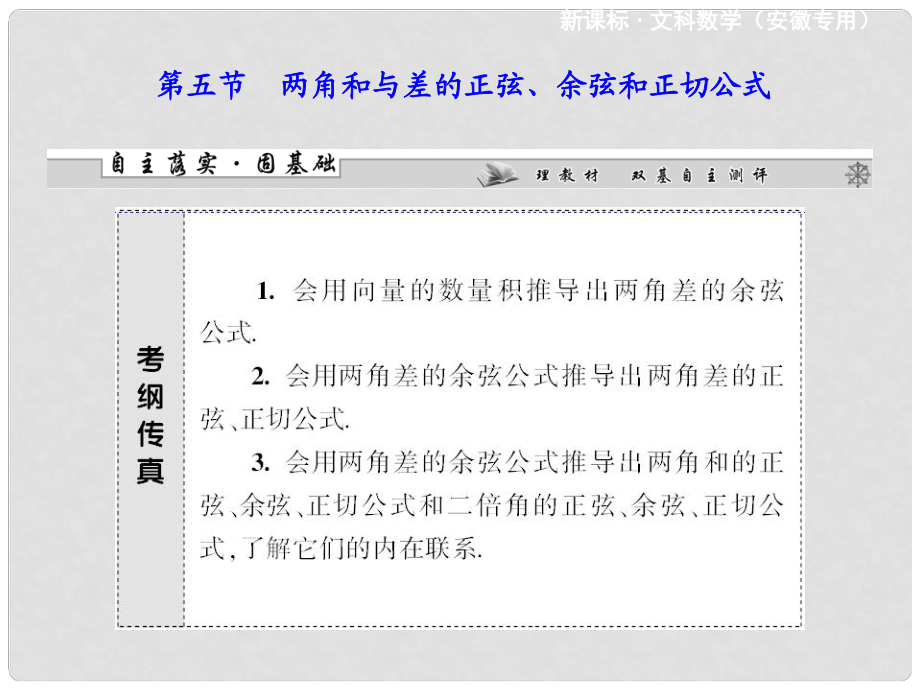 高考數(shù)學 第三章 第五節(jié) 兩角和與差的正弦、余弦和正切公式課件 文 新人教A版_第1頁