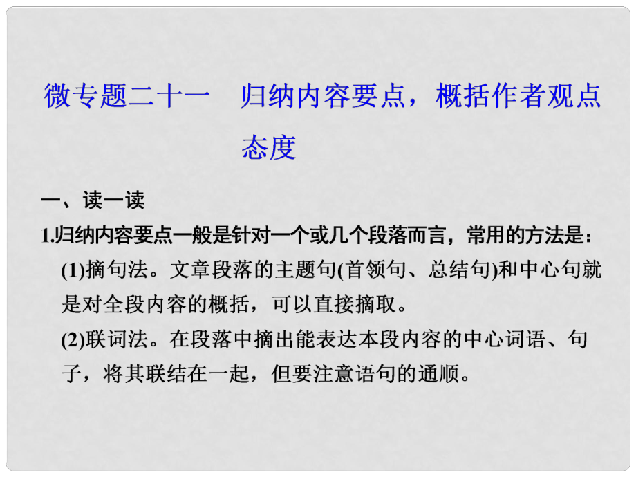 高考語文大二輪總復(fù)習(xí) 微專題二十一 歸納內(nèi)容要點 概況作者文中觀點、態(tài)度課件_第1頁